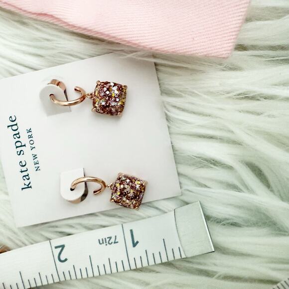 KATE SPADE | Square Glitter Stone Charm Huggie Hoop Earrings Rose Gold Pink - Picture 6 of 7